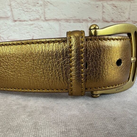 Vintage Gucci Metallic Gold Web Grommet Belt 85/34 - Picture 8 of 11